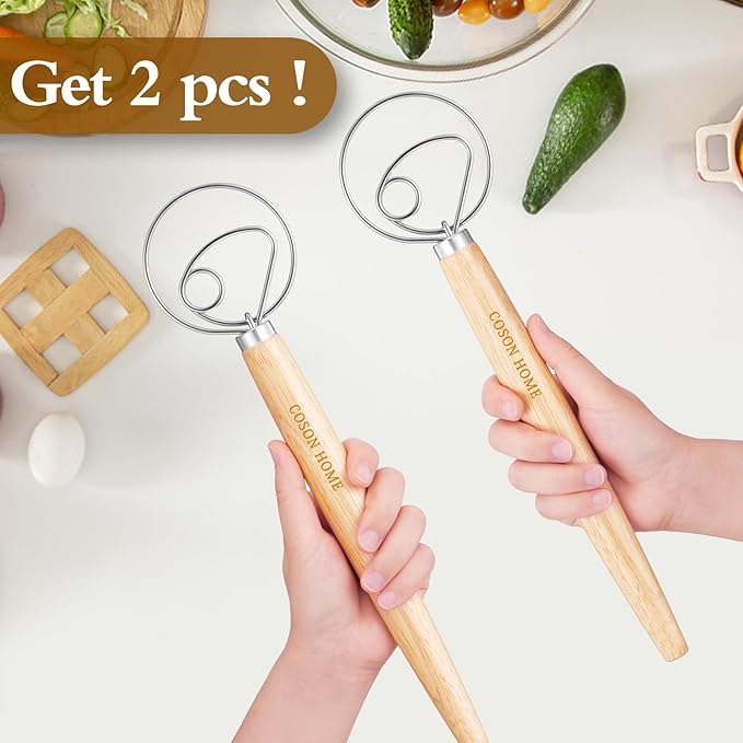 Pack of 2 Danish Dough Whisk, Kitchen Baking Flour Mixing Tool for Sourdough, Bread, Flour Paste, Butter, Pancake, Pizza, Cake, Pastry, Biscuits, Wooden Handle Stainless Steel Ring - Image 2