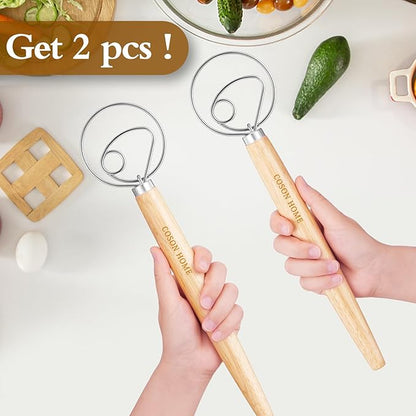 Pack of 2 Danish Dough Whisk, Kitchen Baking Flour Mixing Tool for Sourdough, Bread, Flour Paste, Butter, Pancake, Pizza, Cake, Pastry, Biscuits, Wooden Handle Stainless Steel Ring - Image 2