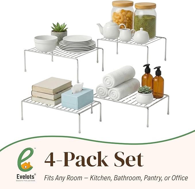 Evelots Kitchen Cabinet Wire Shelf Organizer/Rack - 4 Pack Sturdy Large Metal Shelf Risers - Double Your Counter Space - Great for Kitchen, Freezer, Pantry and Bathroom - Rustproof - Chrome - Image 7