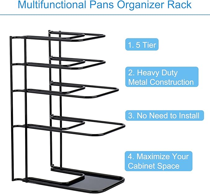 Toplife Heavy Duty Pan Organizer, 5 Tier Pot and Pan Organizer Rack for Cast Iron Skillets, Griddles and Pots - Sturdy Steel Construction- No Assembly Required - Black - Image 3