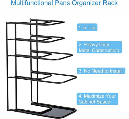 Toplife 2 Pack Heavy Duty Pan Organizer, 5 Tier Pot and Pan Organizer Rack for Cast Iron Skillets, Griddles and Pots - Sturdy Steel Construction- No Assembly Required - Black - Image 3