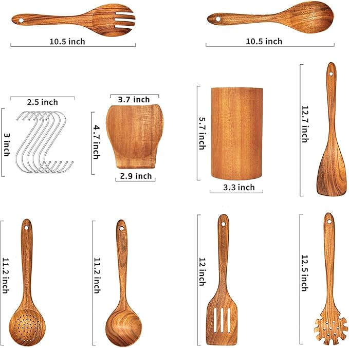 Teak Wooden Spoons for Cooking - 9 Pcs Comfort Grip Kitchen Utensil Set with Holder & Rest - Image 2