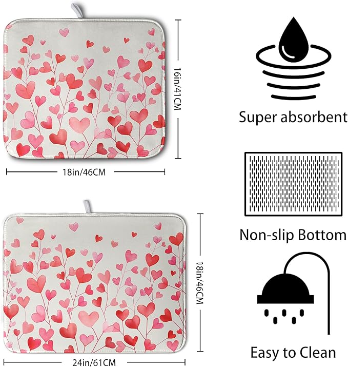Valentines Pink Love Heart Dish Drying Mat Valentine Day Absorbent Microfiber Dish Drying Pad Heat Resistant Kitchen Counter Draining Mat Extra Large Dish Drainer Rack Mats 18x24 Inch - Image 2
