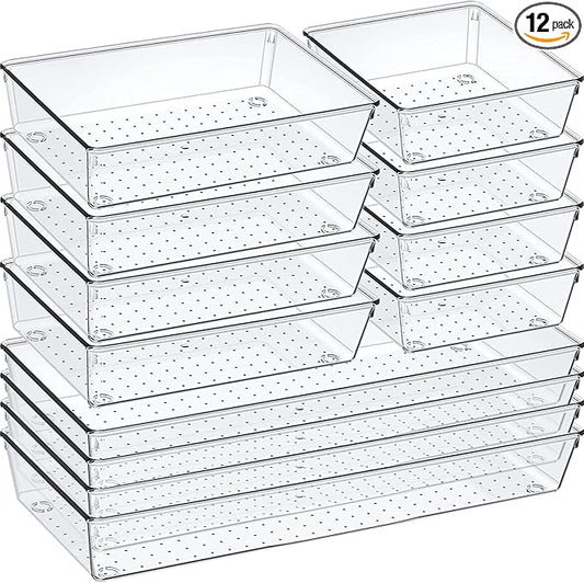 12 Pack Clear Plastic Drawer Organizer Set, Acrylic Non Slip Non Cracking Kitchen Drawer Storage Tray Large Size Divider, Multifunctional Storage for Cosmetics, Bathroom, Tools, Kitchen and Office by Criusia