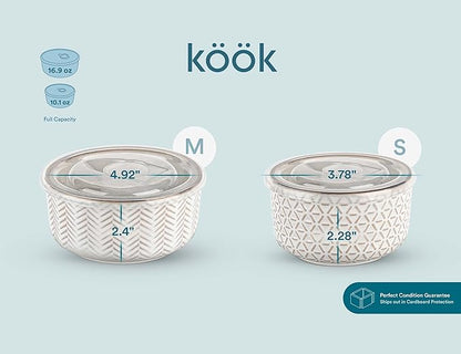 KooK Serving Bowls, with Lids, Ceramic Nesting Bowls, Set of 4, Embossed, Kitchen, Prep, Stackable, Gift, Microwave and Dishwasher Safe, 10/16/29/47 oz, Narbonne Collection (Ivory) - Image 9