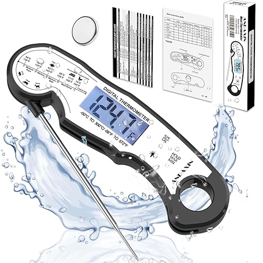 Digital Instant Read Meat Thermometer Digital for Grilling and Cooking - ANDAXIN Waterproof Ultra-Fast Thermometer with Backlight&Calibration&Foldable Probe for Kitchen,Deep Fry,BBQ,Grill-Black/White by ANDAXIN