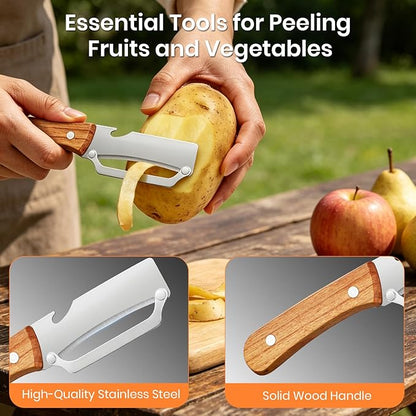 Multi-Functional Vegetable Peeler for Kitchen, 2-in-1 Stainless Steel Kitchen Tool with Bottle Opener and Wooden Handle Stainless Steel Blade for Fruit Apple Carrot Papaya Potato Pumpkin (2PCS)