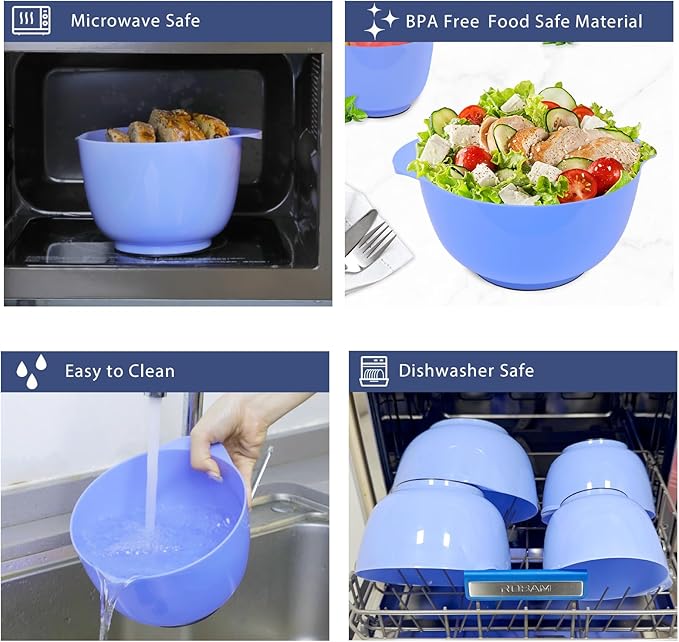 BoxedHome 4 Quart Large Plastic Mixing Bowls, Microwave Safe Mixing Bowl Set with Pour Spout, Nesting Bowls for Space Saving Storage(Violet Blue) - Image 6