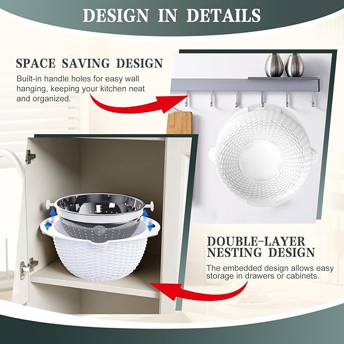 4-1 Colander with Bowl Set - Rotatable Colander for Kitchen(Patented) - Strainers and Colanders - Pasta Strainer with New Upgraded Graters for Fruit Veggie Fun Kitchen Presents - White - Image 7