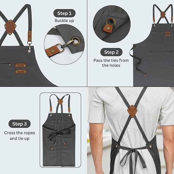 RUVANTI Work Aprons for Men, Oil & Water Repellent, PolyCotton Cross Back Aprons for Women with Pockets, Adjustable up to XXL, Chef Aprons for Cooking, Grilling, Welding, Woodworking - Grey Aprons