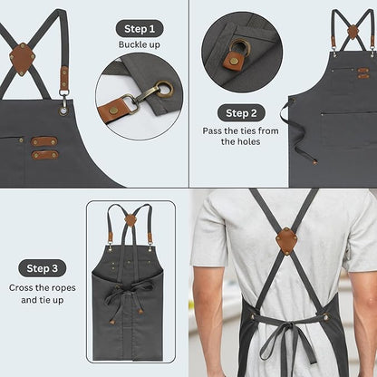 RUVANTI Work Aprons for Men, Oil & Water Repellent, PolyCotton Cross Back Aprons for Women with Pockets, Adjustable up to XXL, Chef Aprons for Cooking, Grilling, Welding, Woodworking - Grey Aprons