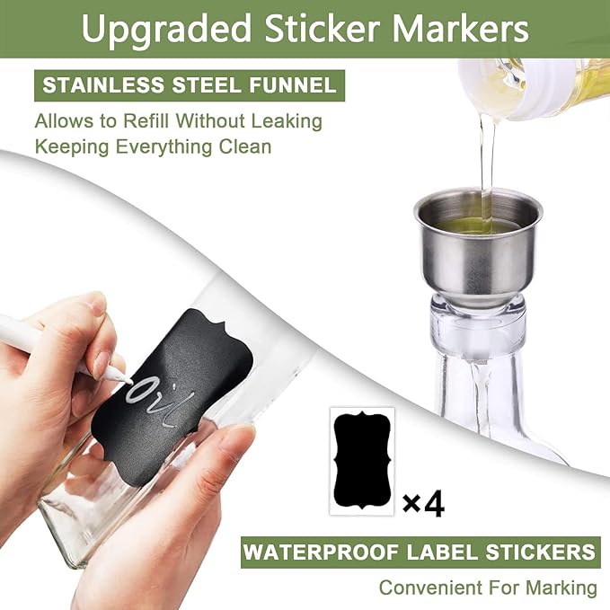 Leaflai Olive Oil Dispenser Bottle, 2 Pcs Glass Olive Oil Dispenser and Vinegar Dispenser Set with 2 Stainless Steel Pourers, 4 Labels,1 Brush and 1 Funnel Oil Bottles for Kitchen (500ml) - Image 6