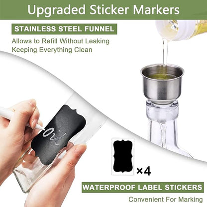 Leaflai Olive Oil Dispenser Bottle, 2 Pcs Glass Olive Oil Dispenser and Vinegar Dispenser Set with 2 Stainless Steel Pourers, 4 Labels,1 Brush and 1 Funnel Oil Bottles for Kitchen (500ml) - Image 6