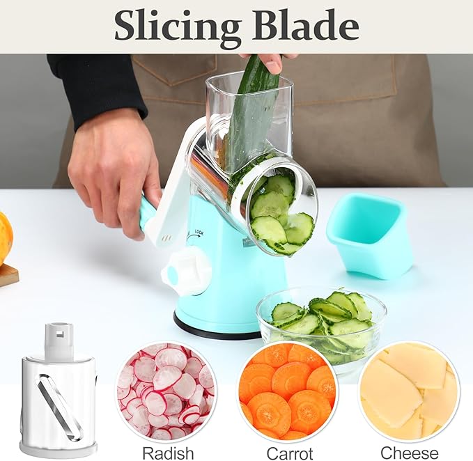 Cambom Rotary Cheese Grater Hand Crank Cheese Shredder for Fresh Cheese, Vegetable, Nuts,Non-slip Suction Base, Five Blades, Blue - Image 4