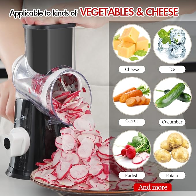 Ourokhome Rotary Cheese Grater Hand Crank, Kitchen Shredder Speed Mandolin Slicer Ice Shaver with Handle and Drum Blades for Cheese, Vegetable, Nuts, Chocolate, Potato, Carrot, 5 Blades, Black - Image 8