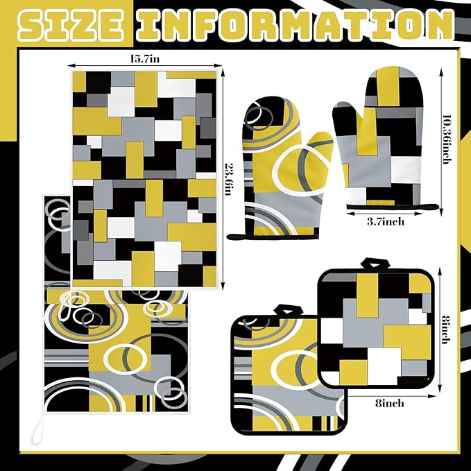 Jingmore 6 Pcs Kitchen Decor Set Accessory Farmhouse Kitchen Towels Pot Holders Oven Mitts Set 2 Dish Towels 2 Pot Holders 2 Cooking Mittens Oven Glove for Cooking(Black, Yellow, Gray,Geometric) - Image 4