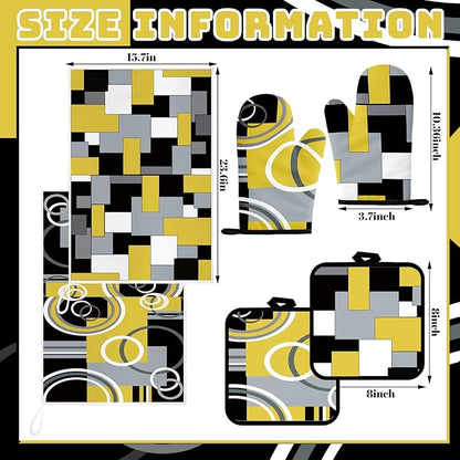 Jingmore 6 Pcs Kitchen Decor Set Accessory Farmhouse Kitchen Towels Pot Holders Oven Mitts Set 2 Dish Towels 2 Pot Holders 2 Cooking Mittens Oven Glove for Cooking(Black, Yellow, Gray,Geometric) - Image 4