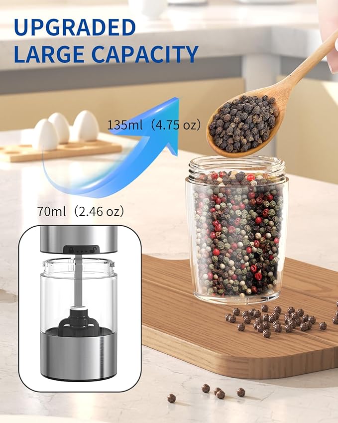 CIRCLE JOY Gravity Electric Pepper Grinder Salt Grinder Pepper Griner Mill Electric with LED Light, Battery Operated, Adjustable Coarseness, Washable 135ml Container, 1 Pcs - Image 6