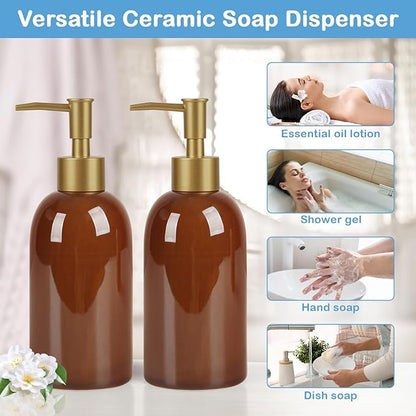 Natheeph 14OZ Ceramic Soap Dispenser Ceramic Soap Pump Dispenser Can Fill Liquid for Bathroom/Kitchen (2PC Brown) - Image 6