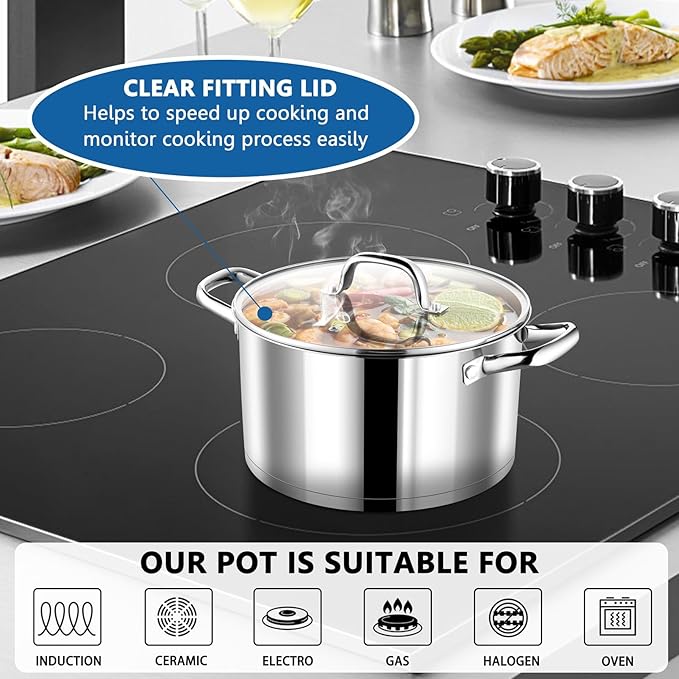 P&P CHEF 4 Quarts Cooking Stock Pot with Lid, Stainless Steel Stockpot Induction Pot for Soup, Tri-Ply Bottom & Clear Glass Lid & Double Handle, Dishwasher Safe - Image 5