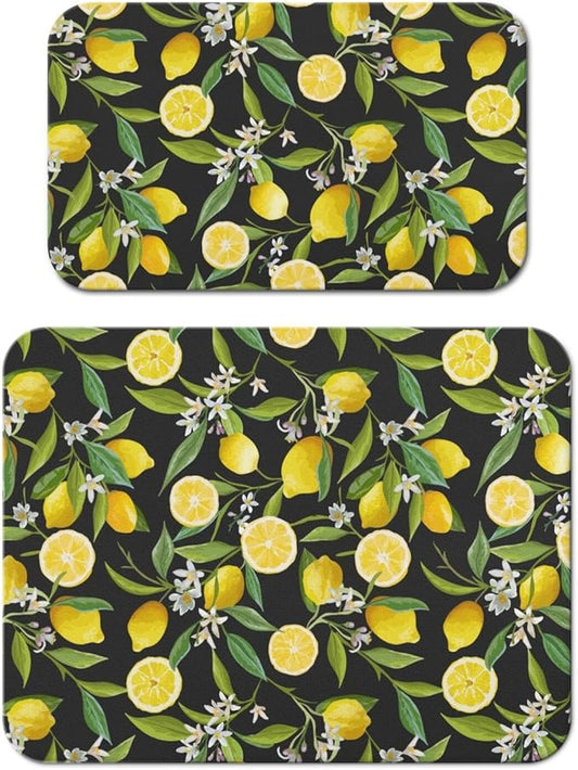 Dish Drying Mat for Kitchen Counter 2 Pack with Non-Slip Rubber Backing - Heat-Resistant Absorbent Coffee Bar Mat, Dish Rack Mat, Lemon Dish Drying Mats 18x24+19.5x12 inch