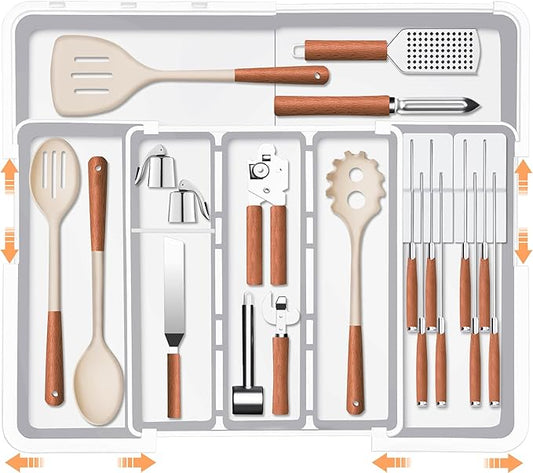 Homecor Kitchen Drawer Organizer Large Expandable Silverware Organizer, Utensil Holder and Flatware Tray, Kitchen Spatula Tools and Gadgets Storage with Removable Knife Blocks and 3 Dividers, White