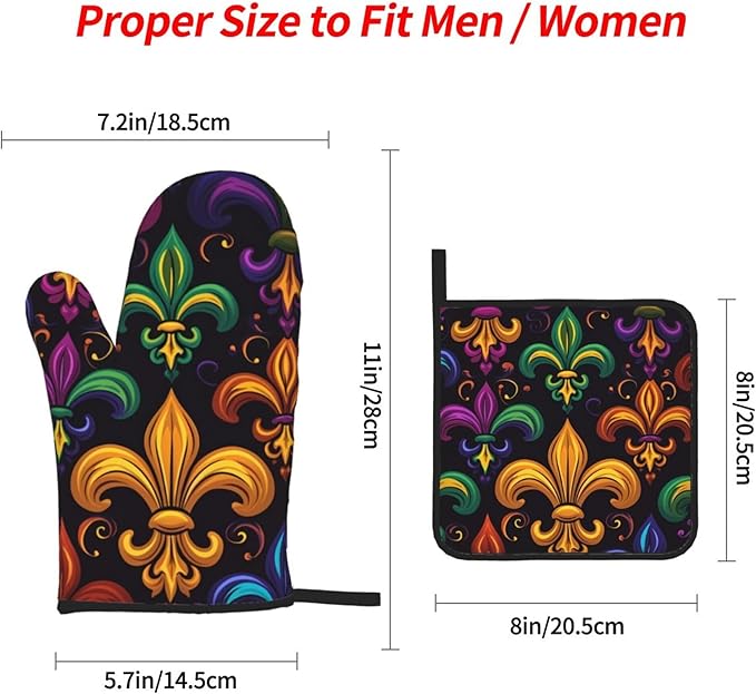 Colorful Fleur De Lis Oven Mitts and Pot Holders Sets Mardi Gras Kitchen Oven Gloves Heat Resistant 500 Degrees Oven Mitt and Hot Pad for Cooking BBQ Baking Grilling - Image 3