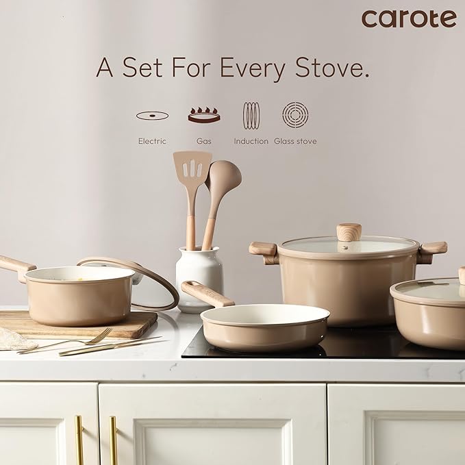 CAROTE 12Pcs Ceramic Pots and Pans Set Non Stick, Healthy Cookware Set, PFAS/PFOA Free, Kitchen Cooking Set with Frying Pans, Taupe - Image 7