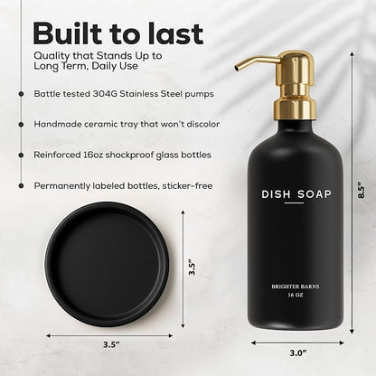 Luxury Glass Dish Soap Dispenser for Kitchen Sink by Brighter Barns - Refillable Glass Kitchen Soap Dispenser Set - Black and Gold Home Decor for Modern Airbnb, Rentals, Restaurants, Gift (Black/Gold) - Image 3