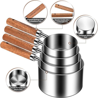 Stainless Steel Measuring Cups and Spoons Set of 8, Stackable Wooden Handle Metal Measuring Cup & Spoon Set with Metric & US Measurements, Rustic Farmhouse Kitchen Gadgets for Dry & Liquid Ingredients