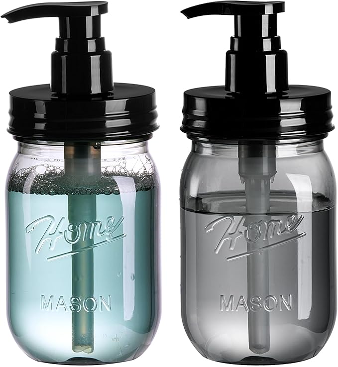 Amolliar Plastic Mason Jar Soap Dispenser with Pump Lid,16OZ Refillable Hand Soap Dispenser Set with Cute Lables, Farmhouse Decor for Kitchen Bathroom, Liquid Soap, Dish Soap (2 Pack, Black) by Amolliar