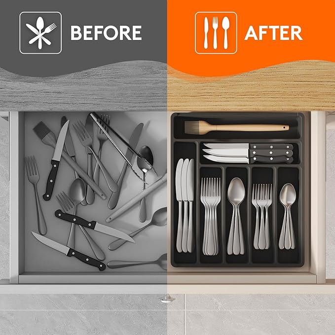 Lifewit Silverware Drawer Organizer Tray, Plastic Cutlery Storage for Kitchen, Flatware and Utensil Holder Divider for Spoons Forks Knives Tableware, 12.3 x 14.2", 7 Slots, Black - Image 7