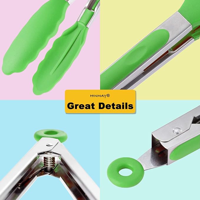 HINMAY Silicone Tongs 9-Inch Stainless Steel Locking Kitchen Tongs, Set of 3 (Green) - Image 4