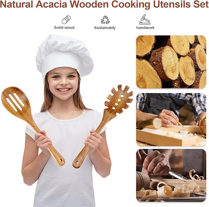 Wooden Cooking Utensils, 6 Pieces Natural Acacia Wooden Spoons For Cooking with Non Stick & Heat Resistant Design, Wooden Kitchen Utensil Set with Hanging Hole for Stirring, Mixing, Cooking - Image 8