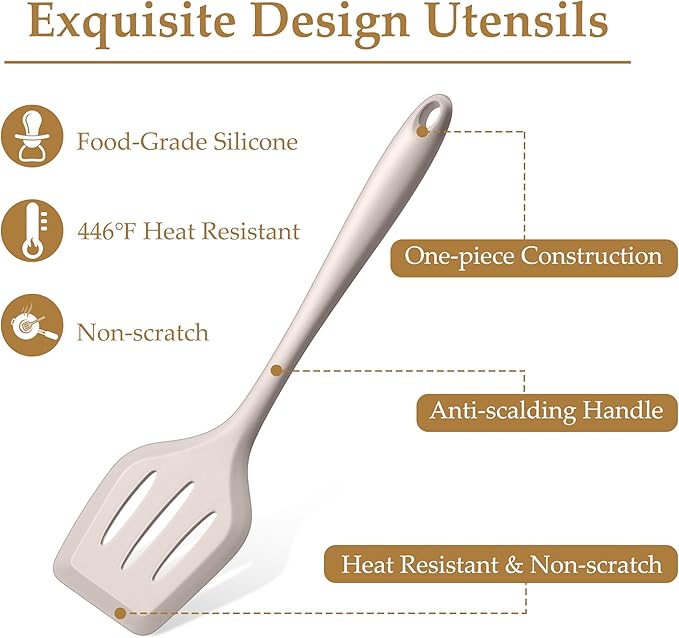 LIANYU 4Pcs Kitchen Utensils Set, Food-Grade Silicone Cooking Utensils, Farmhouse Kitchen Tools for Nonstick Cookware, Include Spoon, Turner, Pasta Server, Heat Resistant, Dishwasher Safe, Khaki - Image 3