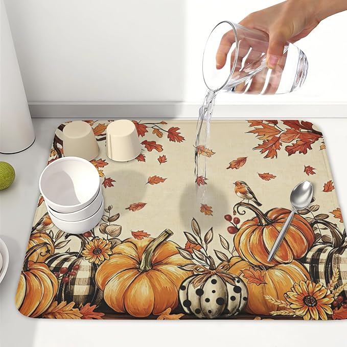 Fall Orange Pumpkin Dish Drying Mat for Kitchen Counter 16 x 18 Inch Autumn Maple Leaf Dish Drainer Mat Absorbent Microfiber Thanksgiving Harvest Dish Rack Pad for Coffee Dining Bar Decor