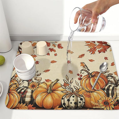 Fall Orange Pumpkin Dish Drying Mat for Kitchen Counter 16 x 18 Inch Autumn Maple Leaf Dish Drainer Mat Absorbent Microfiber Thanksgiving Harvest Dish Rack Pad for Coffee Dining Bar Decor