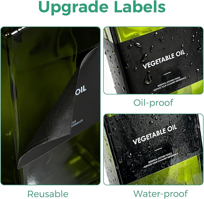 WISIMMALL Olive Oil Dispenser Bottle For Kitchen, 17OZ UV-Blocking Oil And Vinegar Dispenser Set Of 2, Soy Sauce Cooking Oil Dispenser with 2 Stainless Steel Pourers & 44 Labels - Image 7