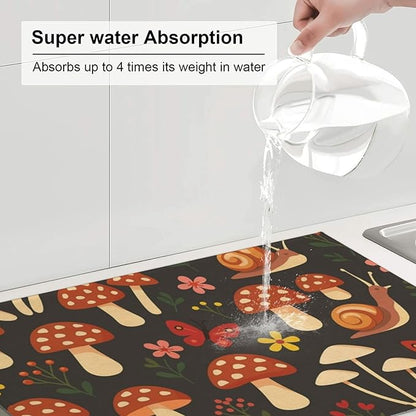 Mushroom Snail Dish Drying Mats for Kitchen Counter, Large 18"x24" Dish Mats for Drying Dishes, Microfiber Absorbent Dish Drying Pad Rack Mat Kitchen Decor Reusable Washable