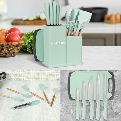 19 PCS Kitchen Cooking Utensils Set, 11 Pieces Silicone Cooking Utensils Set 6 Pieces Sharp Stainless Steel Green Knife Set with 1 Piece Cutting Board, Ideal for Apartment