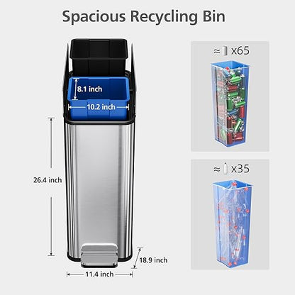 Garvee Kitchen Dual Trash Can, 15 gal Large Recycling Bin Garbage Can with Butterfly Lid, Fingerprint Resistant Stainless Steel Trash Bin for Kitchen, Living Room, Office (2 x 28 L) - Image 2