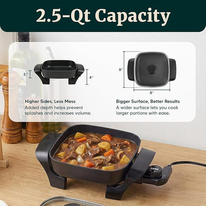 Elite Gourmet EG808 Electric Skillet 8"x8" Non-Stick Coating, Tempered Glass Lid, Removable Thermostat 200°F–400°F, Dishwasher Safe, 600W Compact 2.5-Qt Capacity for Eggs, Bacon & One-Pot Meals, Black - Image 5