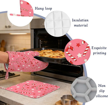 Pink Christmas Candy Cane Pot Holders and Oven Mitts Set Silicone Stars Kitchen Gloves Potholders Heat Resistant Washable,Chef Cooking Baking Gifts for Women Men Bakers Lover Cooks