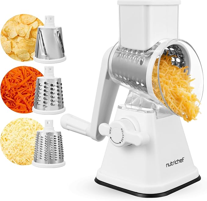 NutriChef 3 in 1 Cheese Grater & Shredder | Strong Suction Base, Rotary Handle with Safety Lock | Includes Hand Crank & 3 Drum Blades for 3 Textures, Fine, Medium & Strips | White by NutriChef%E2%84%A2Kitchen