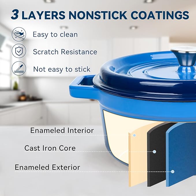 Miereirl 6.5 Quart Enameled Dutch Oven Pot with Lid, Cast Iron Dutch Oven with Dual Handles for Bread Baking, Cooking, Non-stick Enamel Coated Cookware (Dark Blue) - Image 3