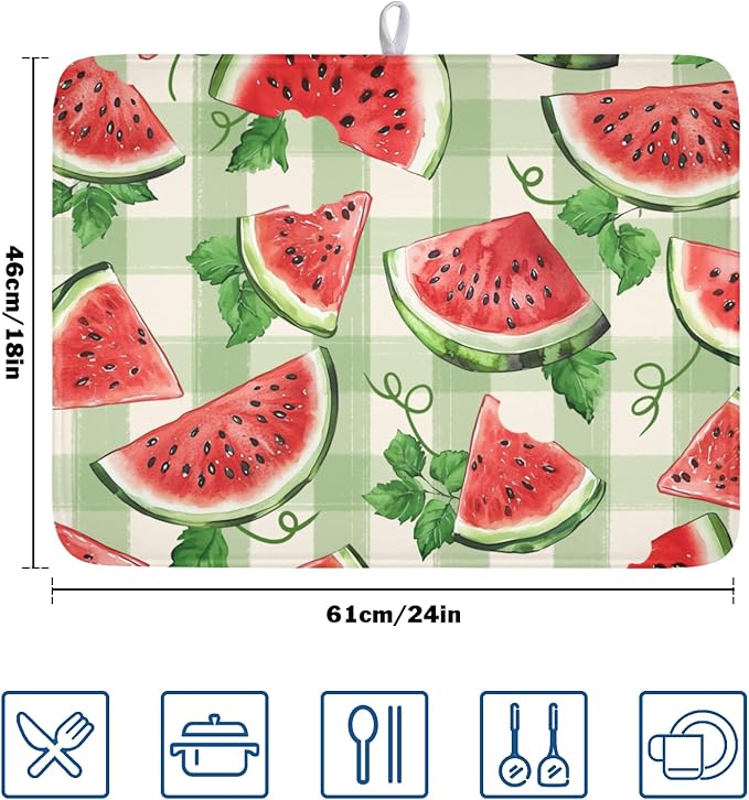 Summer Dish Drying Mat for Kitchen Counter Watercolor Watermelon Green Buffalo Plaid Microfiber Dish Drainer Mat Rustic Absorbent Washable Drying Pad Extra Large 18"x24"