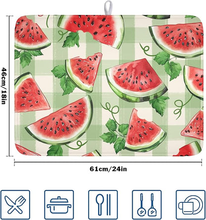 Summer Dish Drying Mat for Kitchen Counter Watercolor Watermelon Green Buffalo Plaid Microfiber Dish Drainer Mat Rustic Absorbent Washable Drying Pad Extra Large 18"x24"
