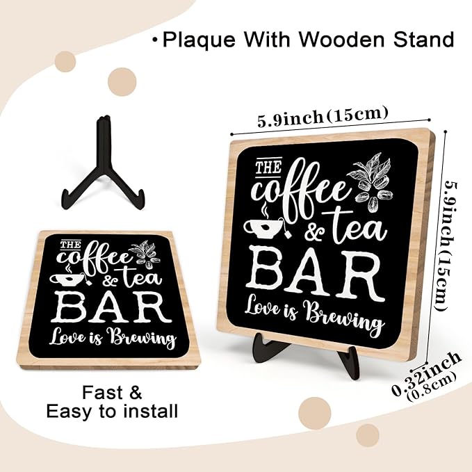 Coffee Bar Plaque, Vintage Desk Decor for Home or Office,Cafe Bar Accessories -The Coffee&Tea Bar Love is Brewing,Coffee Lovers Kitchen Accessories 5.9x5.9inch - Image 3