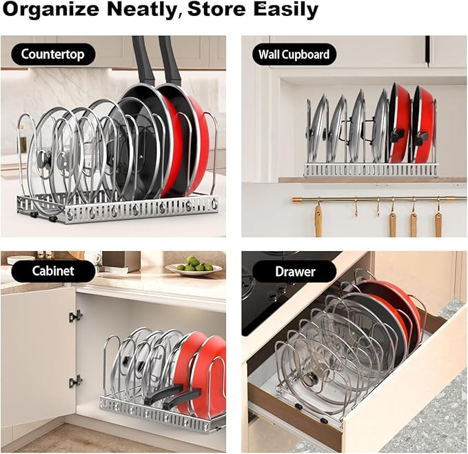 Housolution Pot and Pan Organizer Rack for Cabinet, Pot Lid Organizer with 7 Adjustable Dividers, Pan Holder Storage Rack for Kitchen Cabinet, Silver - Image 6