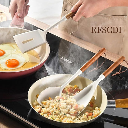 White Silicone Cooking Utensils Set, Kitchen Utensils Set 7 Pcs for cooking, Non-Toxic Spatula Set with Heat Resistant Wood Handles for Nonstick Cookware, (Cream White) - Image 3
